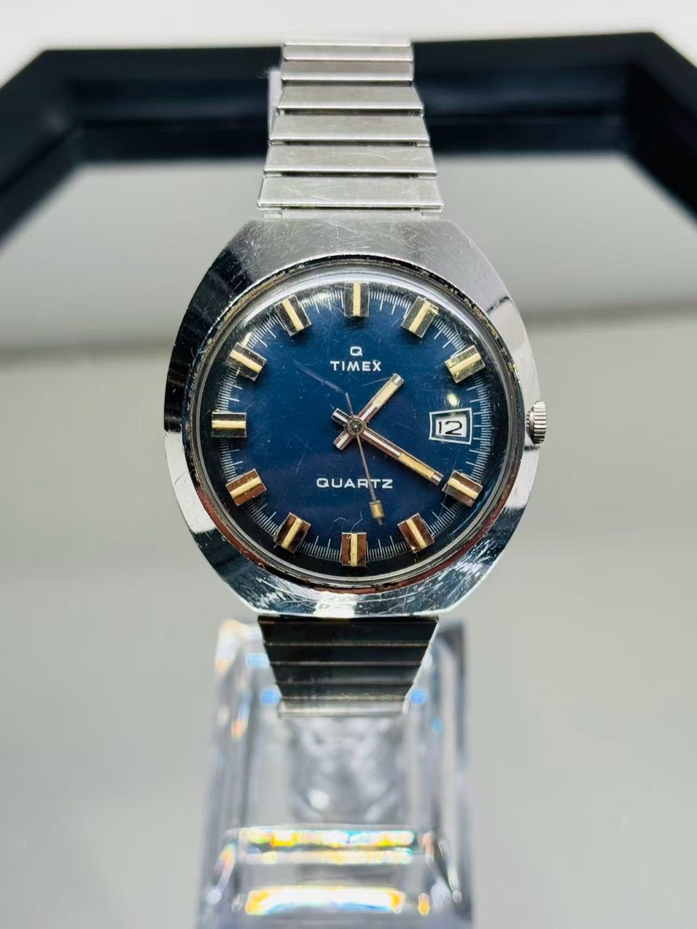 Vintage Timex Men 40mm Quartz Watch Blue Dial Date Stretch Band New Battery Runs